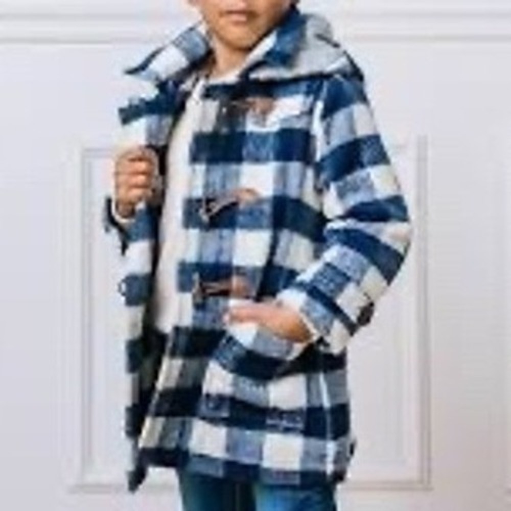 Hope & Henry Kids Plaid Toggle Coat Hooded Blue White Buffalo Plaid Size Small